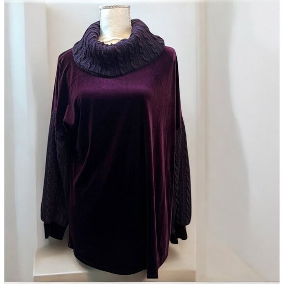 Weekend by Suzanne Betro Purple  Velour & Cable Knit Cowl Neck Tunic XL - Picture 10 of 10